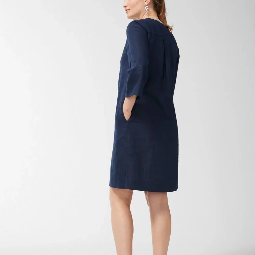 Chico's Linen Embellished Navy Tunic Dress Sz 2.0 (US 12) - Picture 3 of 3
